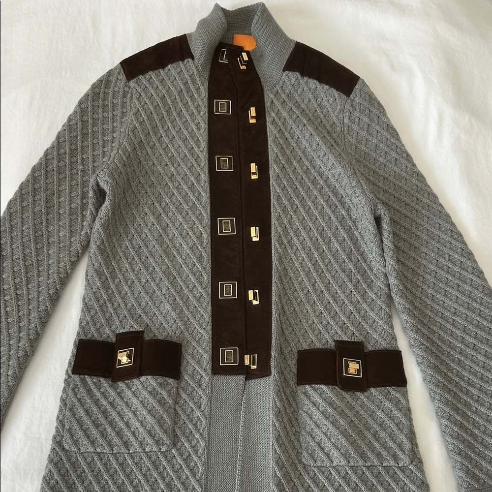 Tory Burch Gray Knit Coat with Suede and Gold Accents XS Lux+++